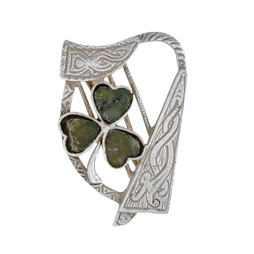 Vintage Sterling Silver 925 Connemara Marble Shamrock Harp Brooch